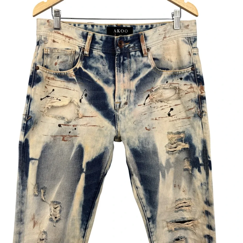Akoo Jeans 32x31 Distressed Bleach Wash Paint Splatter Denim Hip‎ Hop Streetwear - Picture 4 of 12